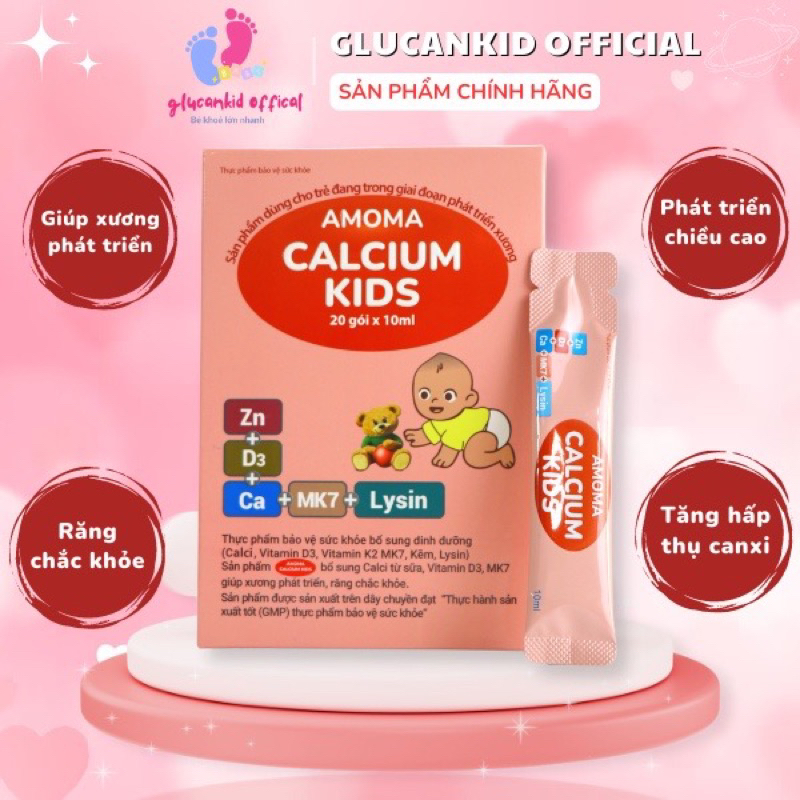 Canxi Amoma Calcium Kid hộp 20 gói - Bổ sung canxi, D3k2, kẽm, lysin cho bé + quà