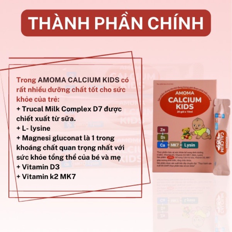 Canxi Amoma Calcium Kid hộp 20 gói - Bổ sung canxi, D3k2, kẽm, lysin cho bé + quà