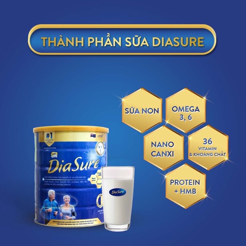 [Mua 3 tặng 1 giấy] Sữa tiểu đường bản mới Diasure 850g hàng chính hãng + tặng 1 hộp giấy 450g và 2 lọ hồng yến