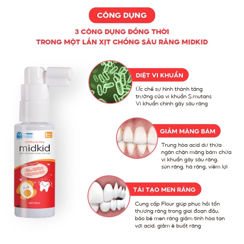 Xịt chống sâu răng Midkid vị táo đỏ dùng cho bé từ 1 tuổi, bảo vệ răng bé, phòng sâu răng + quà tăm bông