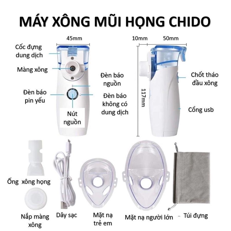 Máy xông mũi họng cầm tay Chido Nhật Bản dùng được cho cả bé và người lớn, nhỏ gọn, tiện lợi và hiệu quả + tặng quà