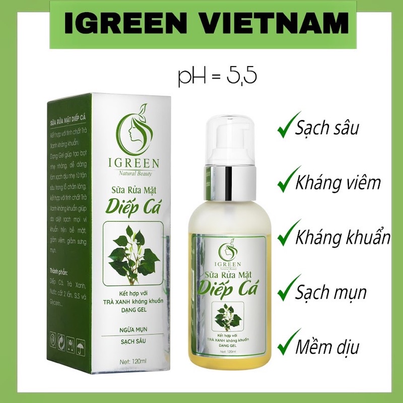 Sữa rửa mặt diếp cá Igreen sạch sâu, ngừa mụn chai 12ml