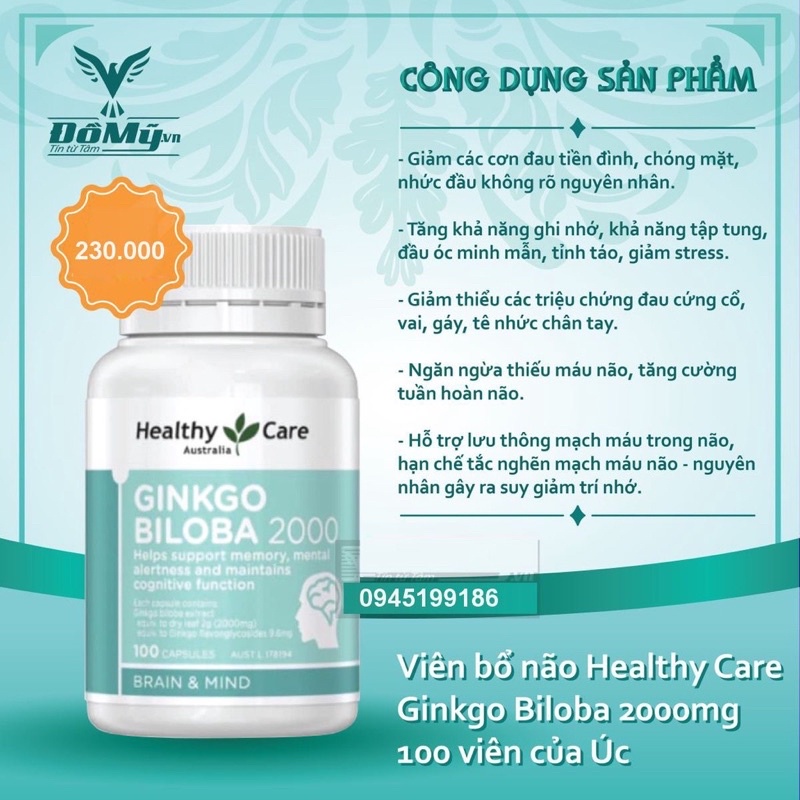 Viên uống bổ não Ginkgo Heathly Care hộp 100 viên chuẩn Úc