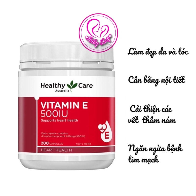Viên uống vitamin E Healthy Care 500IU chuẩn Úc hộp 200 viên