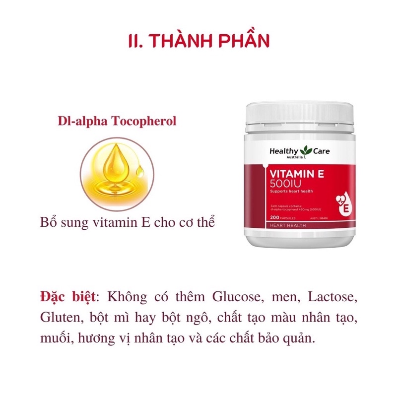 Viên uống vitamin E Healthy Care 500IU chuẩn Úc hộp 200 viên