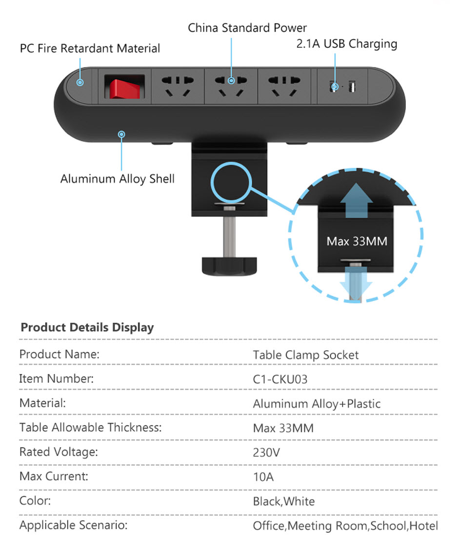 Ổ cắm điện kẹp cạnh bàn 3 ổ cắm + 2 USB kèm công tắc nguồn C2-CB03-2USB