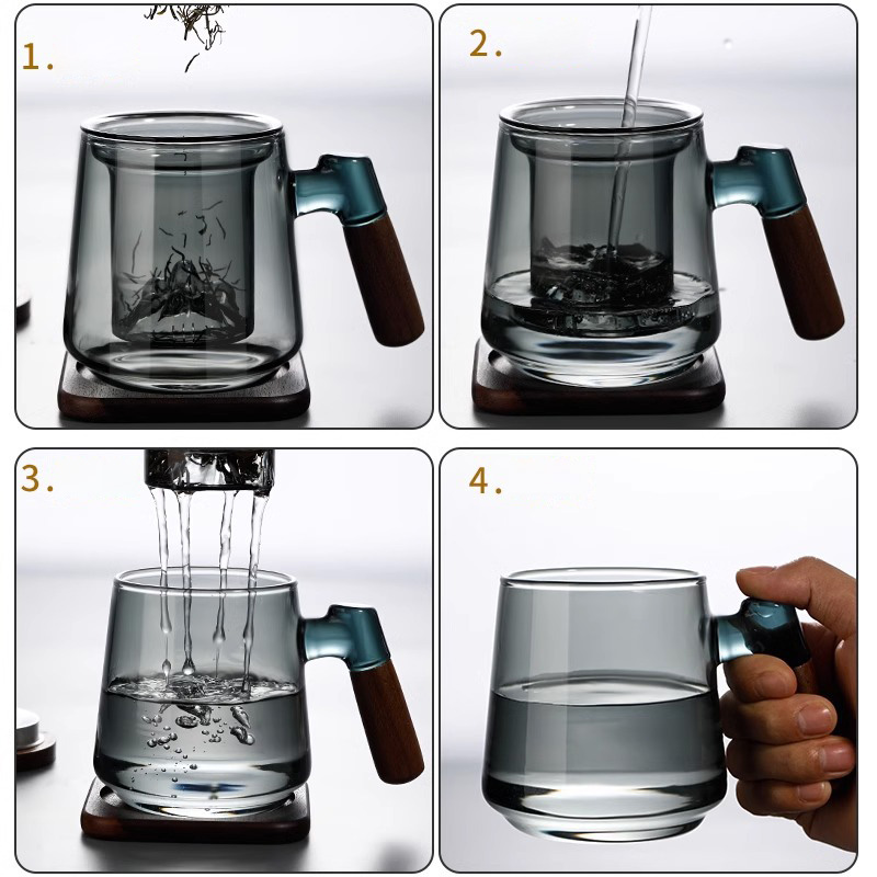 Ly pha trà có lõi lọc bằng thủy tinh có nắp tay cầm gỗ 500ml XCJ45666