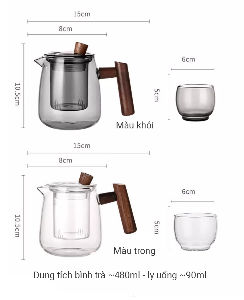 Bình lọc trà thủy tinh bình pha trà lõi lọc 500ml có nắp tay cầm gỗ XCJ451