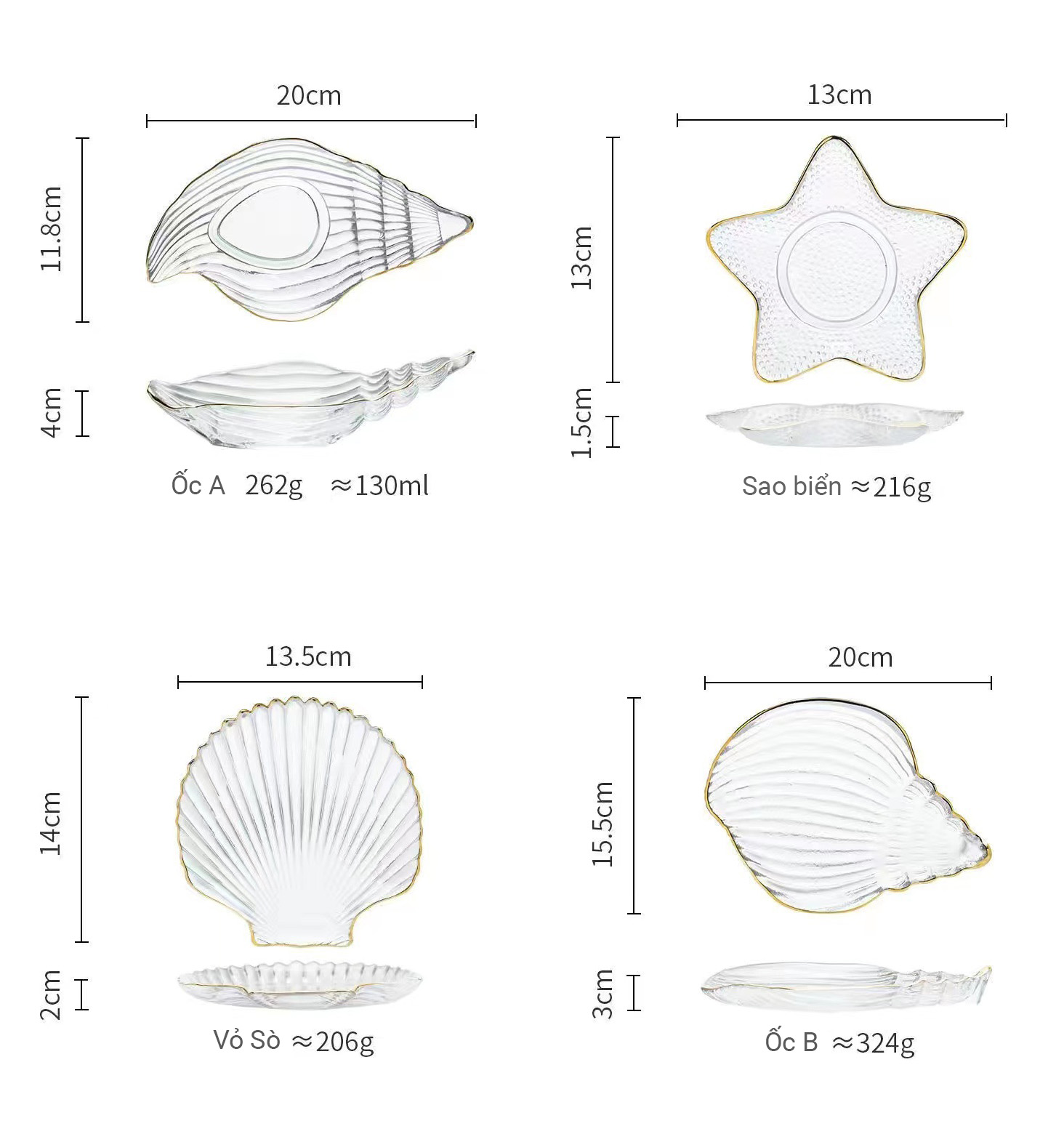 Dĩa thủy tinh Vỏ ốc Sao biển viền gold SJW024