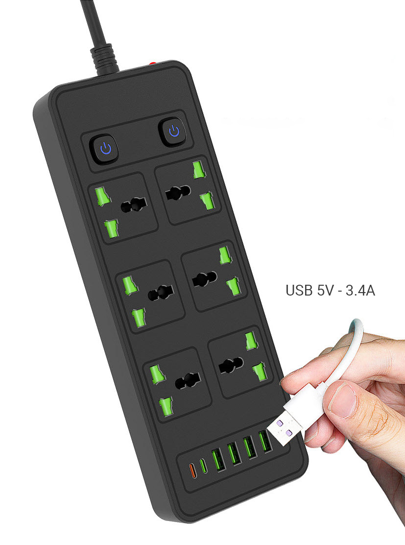 Ổ cắm điện đa năng 6 ổ, 4 USB, 2 Type-C tải 3000W 13A bảo vệ quá tải G14
