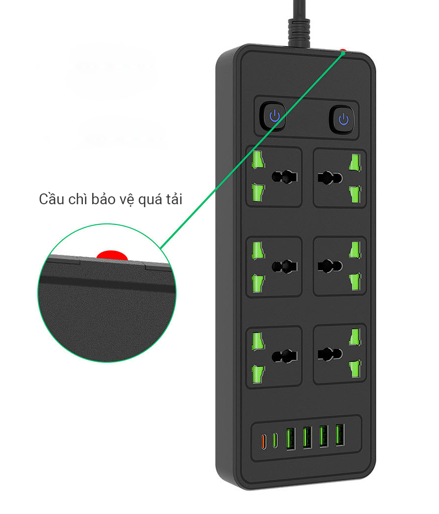Ổ cắm điện đa năng 6 ổ, 4 USB, 2 Type-C tải 3000W 13A bảo vệ quá tải G14