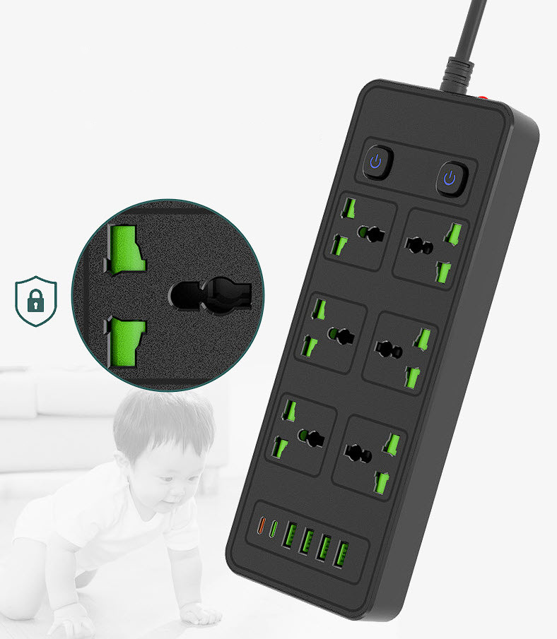 Ổ cắm điện đa năng 6 ổ, 4 USB, 2 Type-C tải 3000W 13A bảo vệ quá tải G14