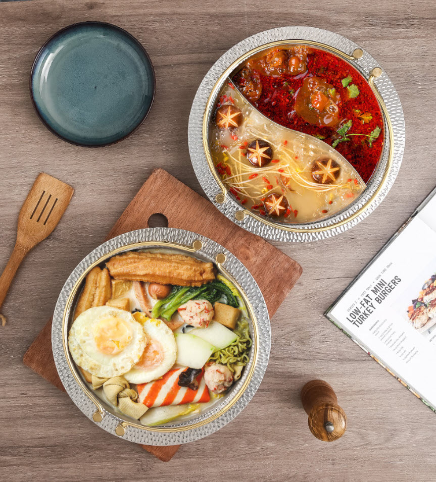 Nồi lẩu 2 ngăn inox 304 vân búa quai sách size 20-30cm SCYU2