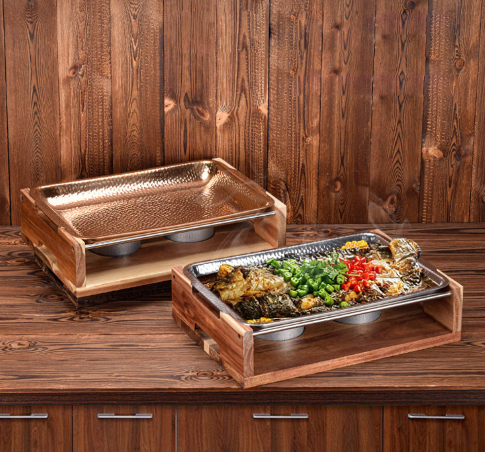 Khay hấp cá giữ nóng buffet inox 304 kèm bếp cồn gỗ khay nướng BBQ S09