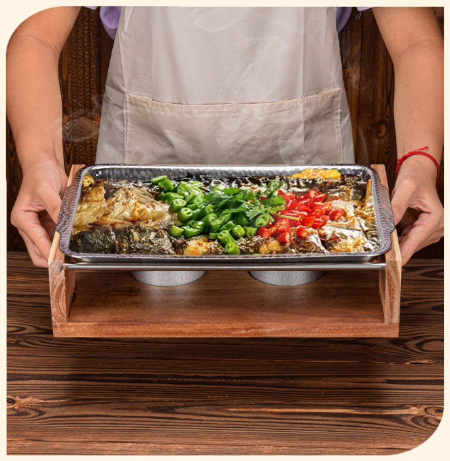 Khay hấp cá giữ nóng buffet inox 304 kèm bếp cồn gỗ khay nướng BBQ S09