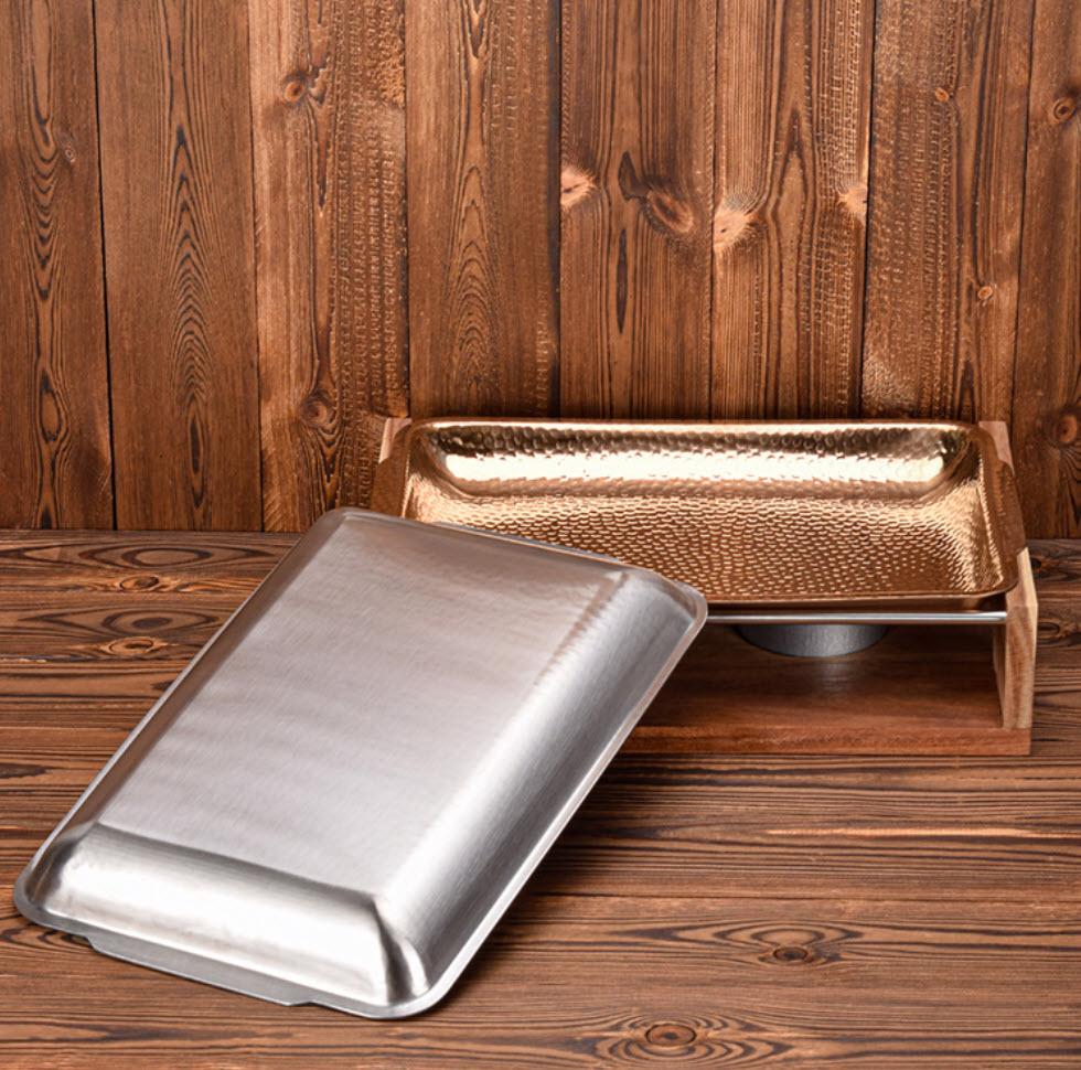 Khay hấp cá giữ nóng buffet inox 304 kèm bếp cồn gỗ khay nướng BBQ S09