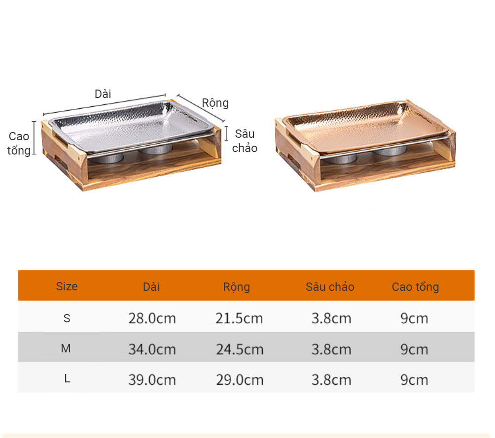 Khay hấp cá giữ nóng buffet inox 304 kèm bếp cồn gỗ khay nướng BBQ S09