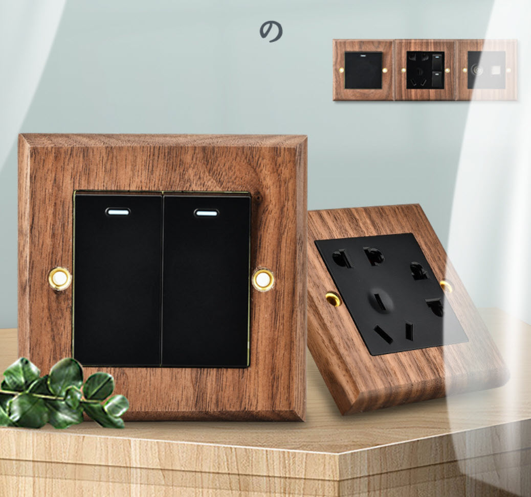 Công tắc ổ cắm âm tường mặt gỗ quả Óc chó HOD22 toggle dạ quang type 86