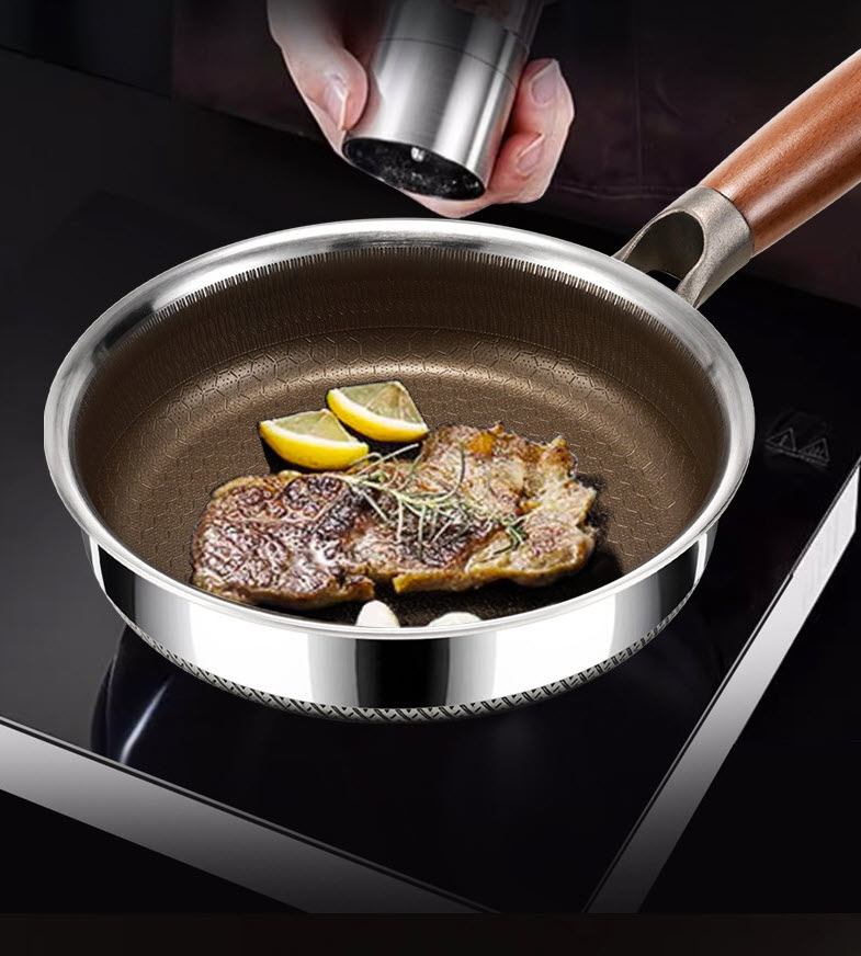 Chảo inox 316 đáy bằng phủ titanium vân tổ ong size 16-22cm FLS013
