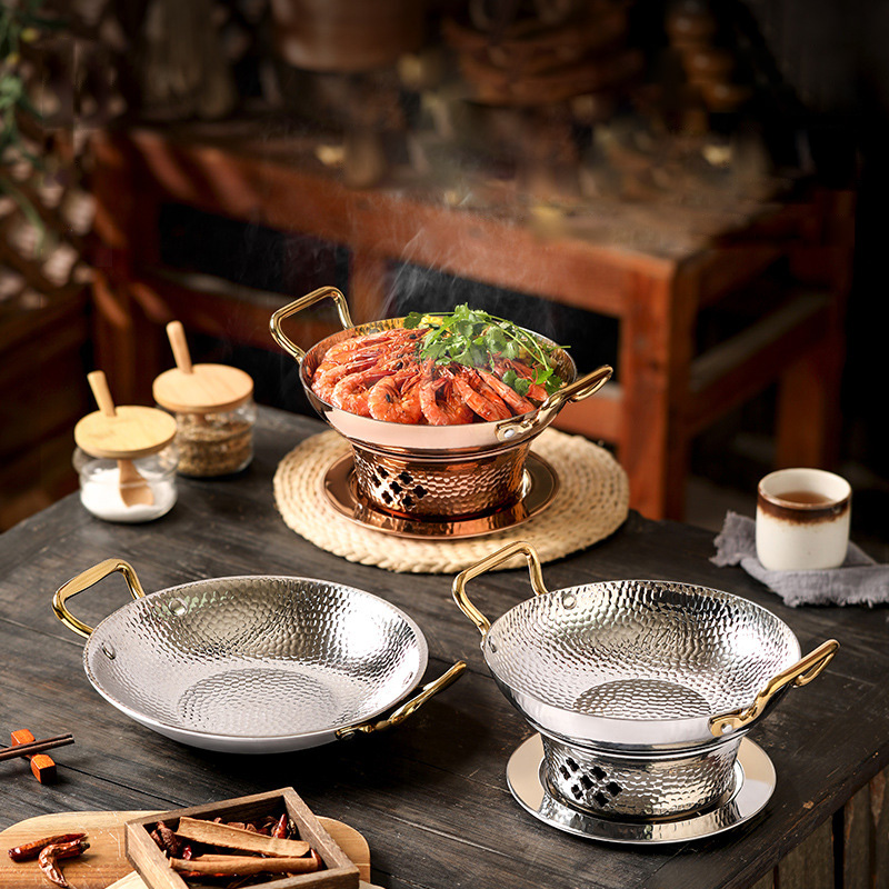 Bộ chảo inox 304 kèm bếp cồn nồi lẩu khô vân búa size 20-26cm OEM SC06