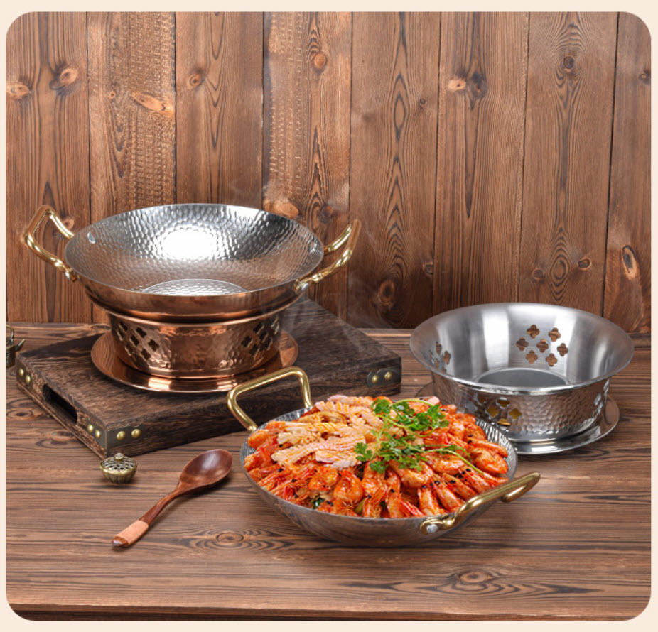 Bộ chảo inox 304 kèm bếp cồn nồi lẩu khô vân búa size 20-26cm OEM SC06