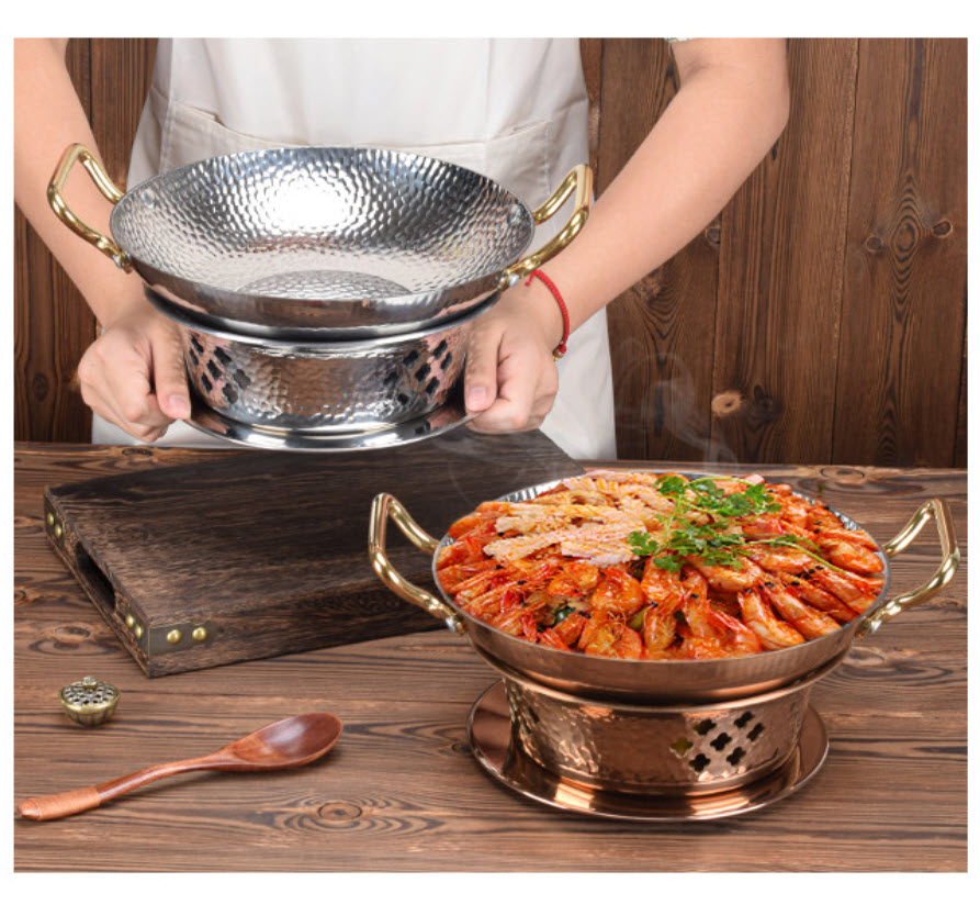 Bộ chảo inox 304 kèm bếp cồn nồi lẩu khô vân búa size 20-26cm OEM SC06