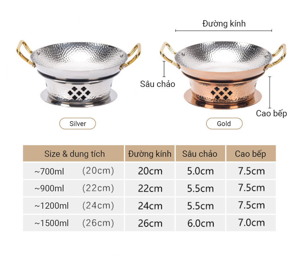 Bộ chảo inox 304 kèm bếp cồn nồi lẩu khô vân búa size 20-26cm OEM SC06