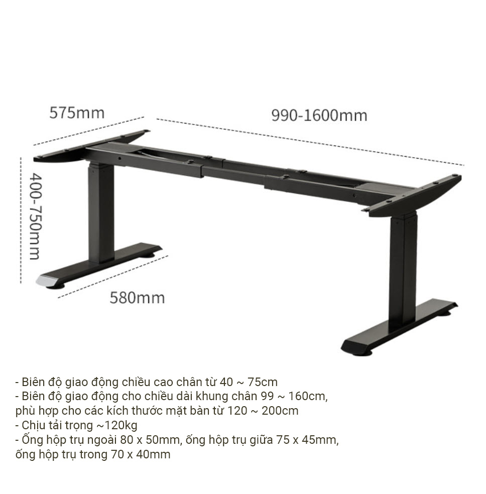 Chân bàn nâng hạ thông minh 2 động cơ cho mặt bàn 120~200cm chịu tải 120kg Boster B07