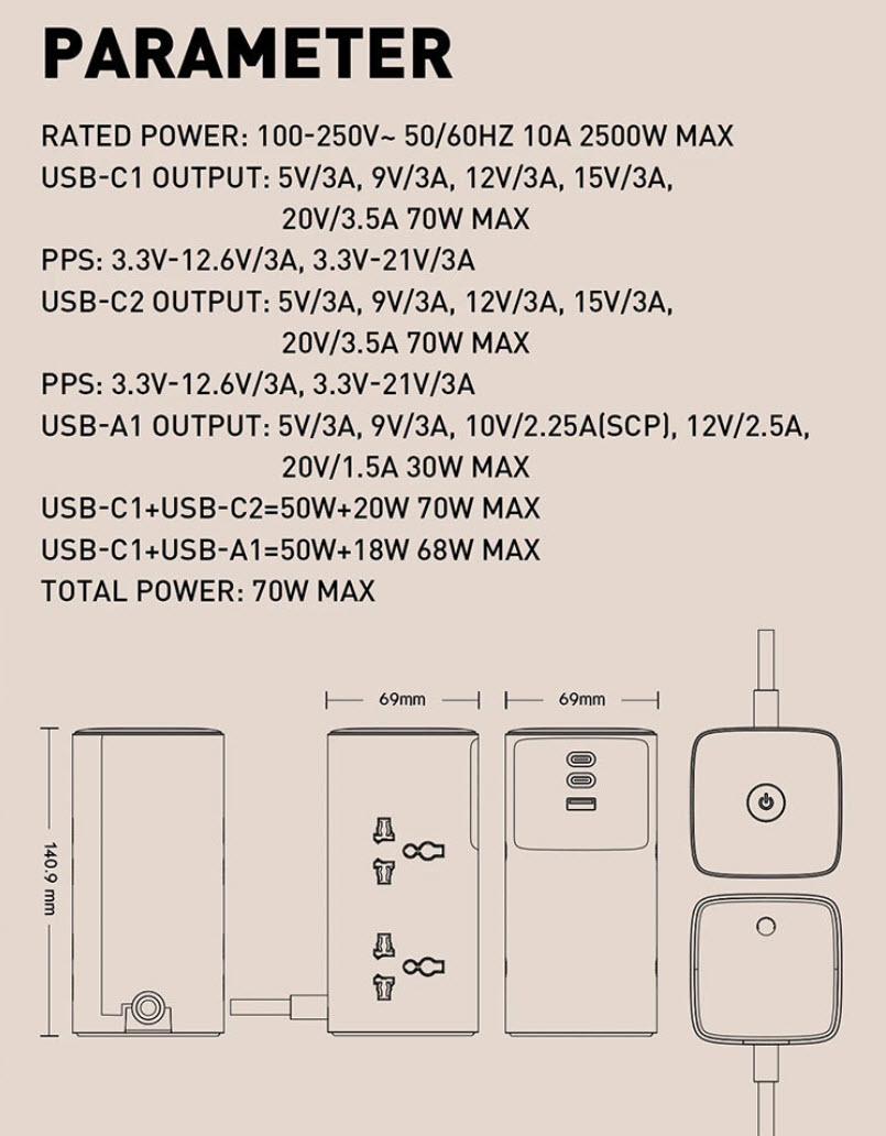 Ổ cắm tháp để bàn 4 cổng kèm sạc nhanh QC 70W LDINO SC4383