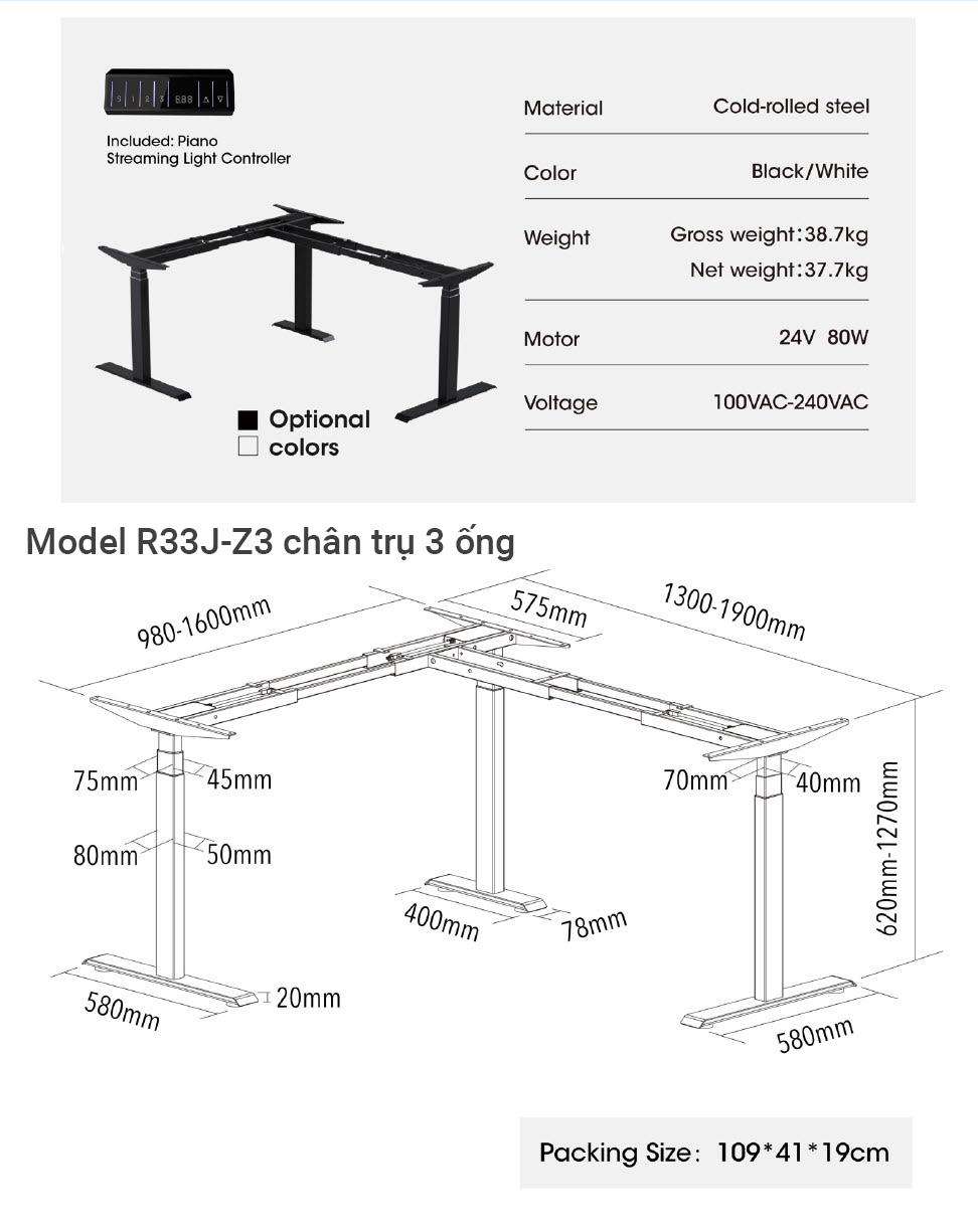 Chân bàn nâng hạ thông minh cho bàn chữ L Benein R33J-Z2 mẫu 3 động cơ