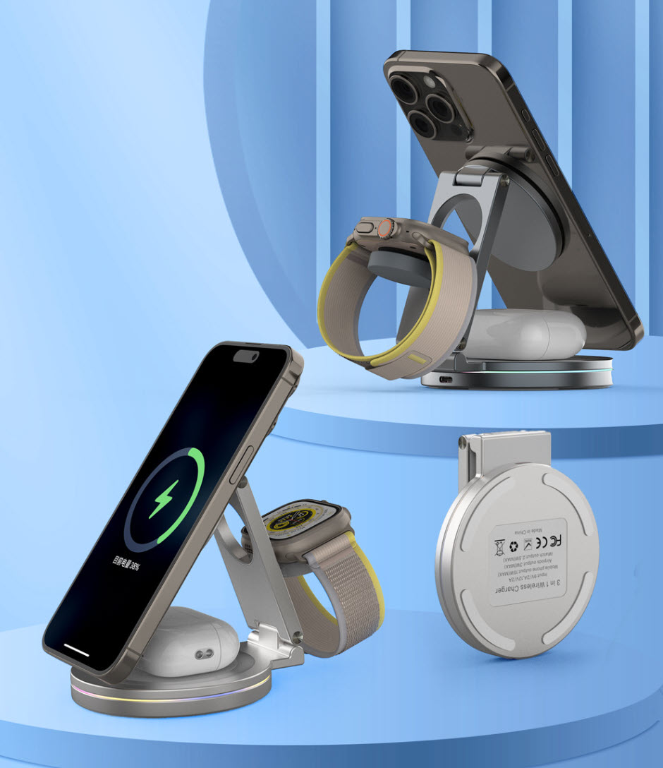 Đế sạc nhanh không dây chuẩn Qi2 3in1 HT015 23W có led viền