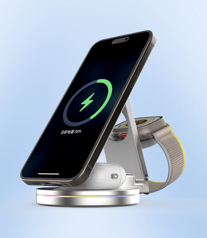 Đế sạc nhanh không dây chuẩn Qi2 3in1 HT015 23W có led viền