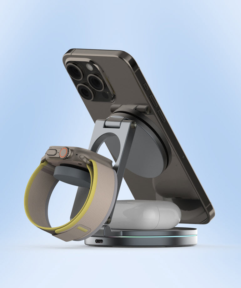 Đế sạc nhanh không dây chuẩn Qi2 3in1 HT015 23W có led viền