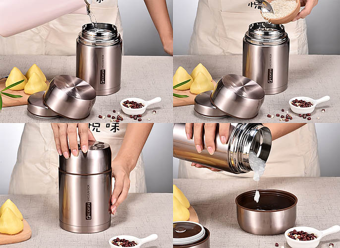 Bình ủ thức ăn 800ml & 1000ml Edish JLY909, 2 lớp inox 304 mạ màu.