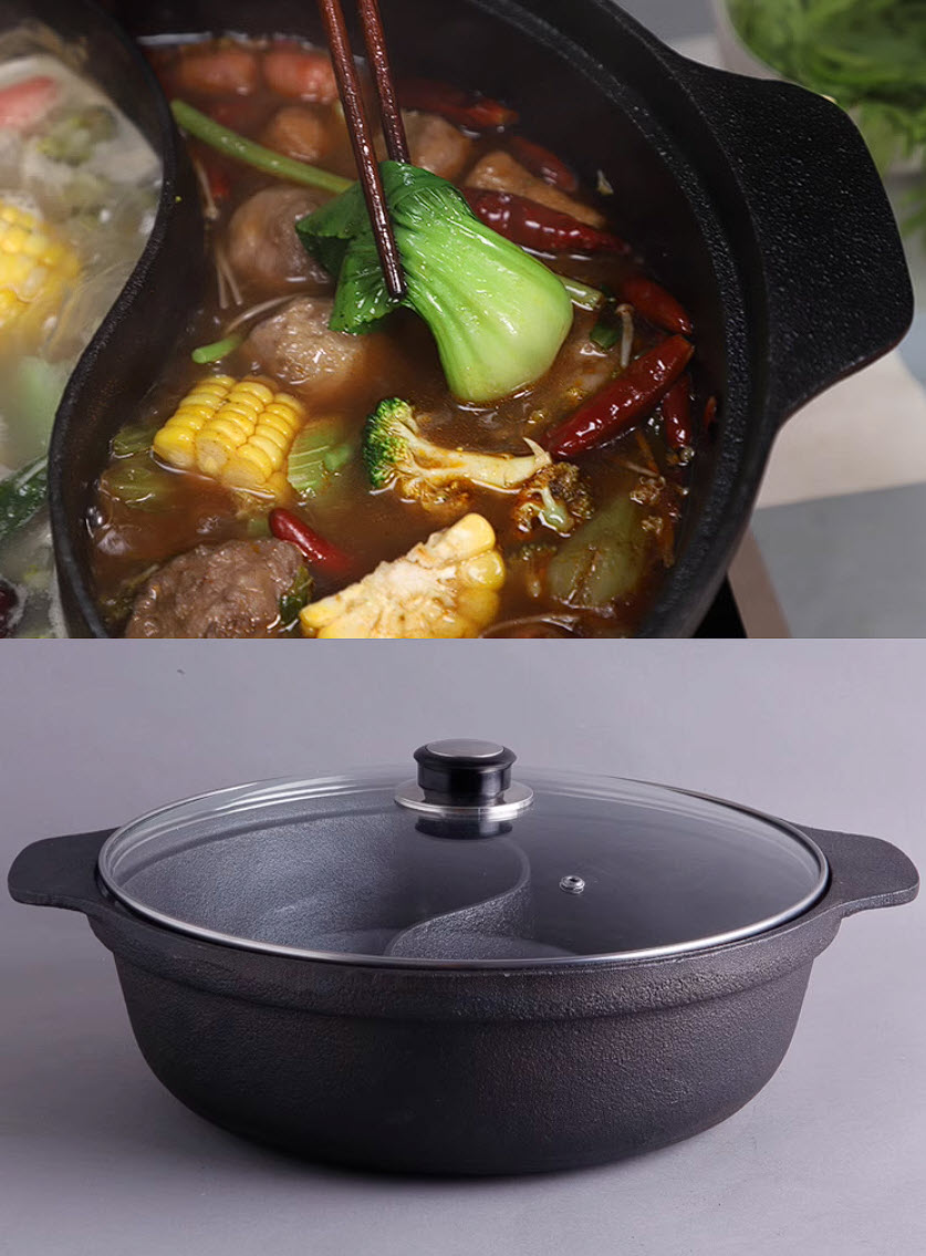 Nồi lẩu gang 2 ngăn đúc thô không chống dính CO003