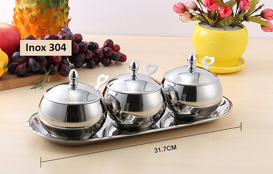 Bộ hũ đựng gia vị inox 304 Kaihua A01 3 ngăn.