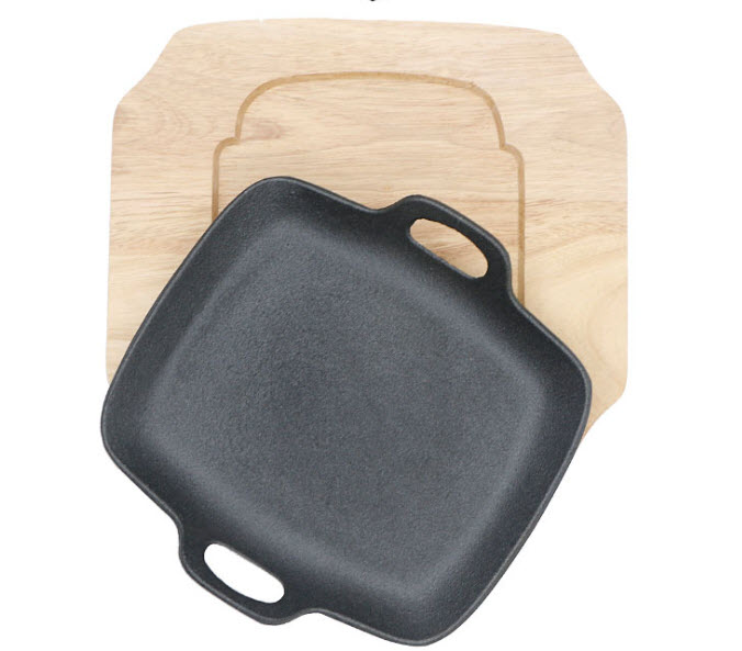 Chảo gang vuông 2 quai cầm đế gỗ OEM SL2158