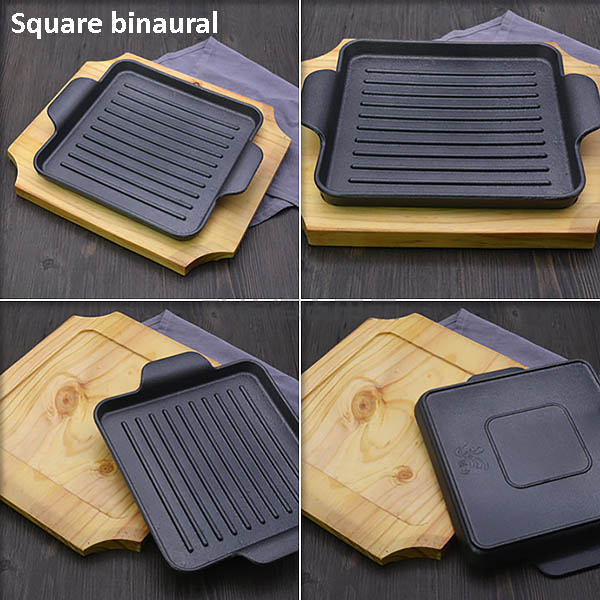 Chảo gang nướng beefsteak đáy vân nổi OG888 kèm đế gỗ trưng bày thức ăn để bàn