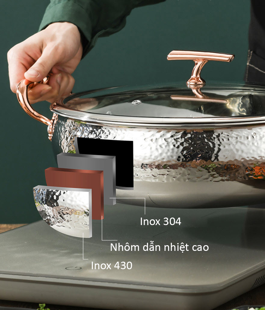 Nồi lẩu inox 304 vân búa hoa văn 3 lớp OEM Q0211