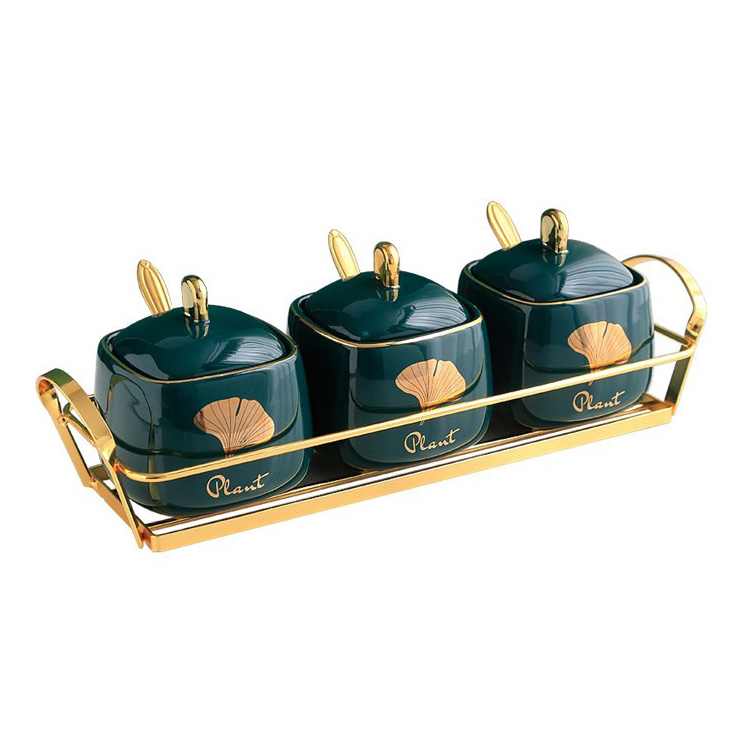 Bộ đựng gia vị 3 ngăn phủ men khay thép mạ vàng OEM GY005