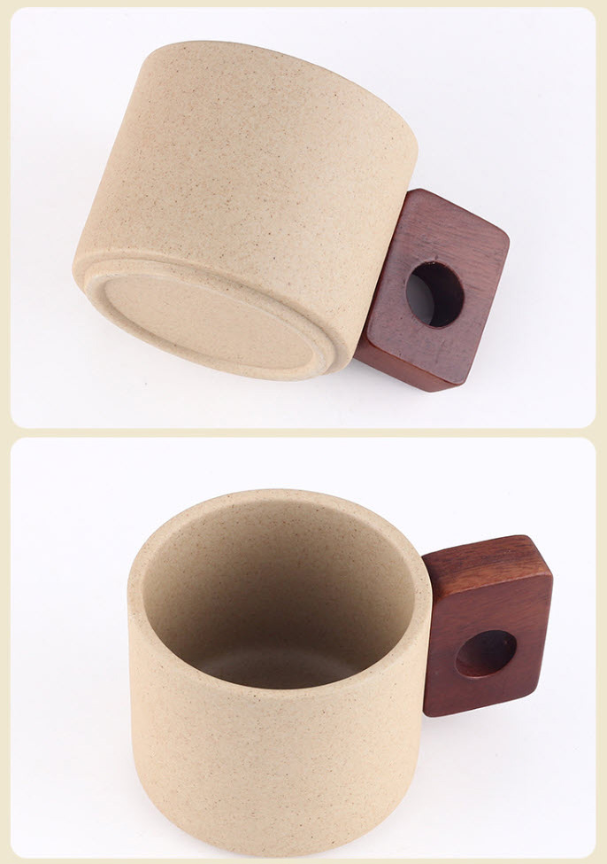 Ly cà phê ly trà sữa nóng 300ml gốm sứ tay cầm kèm đế gỗ OEM YYT1610