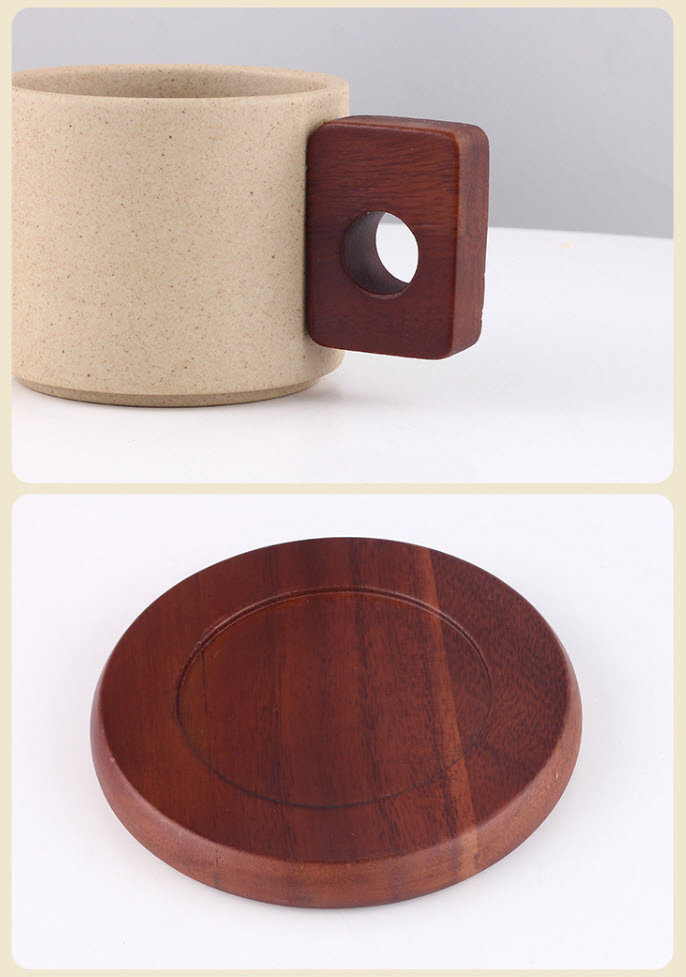 Ly cà phê ly trà sữa nóng 300ml gốm sứ tay cầm kèm đế gỗ OEM YYT1610