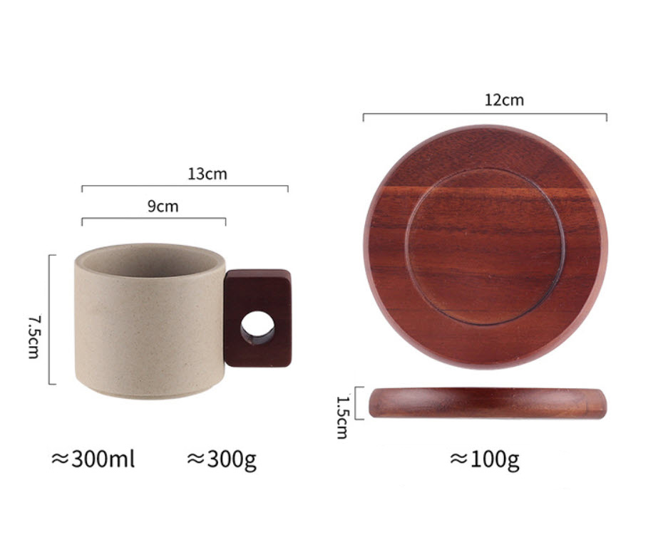 Ly cà phê ly trà sữa nóng 300ml gốm sứ tay cầm kèm đế gỗ OEM YYT1610