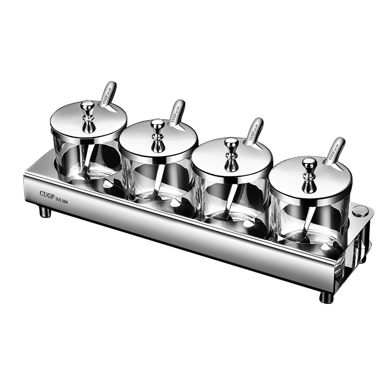 Bộ đựng gia vị 4 ngăn inox 304 hũ thủy tinh CUGF KQ001