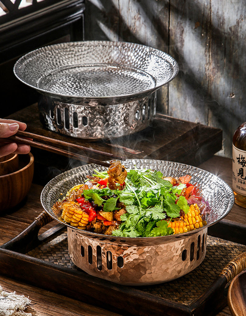 Bộ chảo kèm bếp cồn hâm nóng thức ăn inox 304 OEM GOH01 ăn lẩu khô, hải sản, lagu