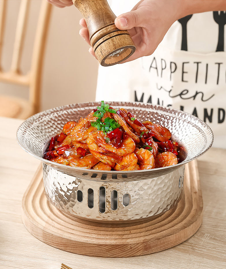 Bộ chảo kèm bếp cồn hâm nóng thức ăn inox 304 OEM GOH01 ăn lẩu khô, hải sản, lagu