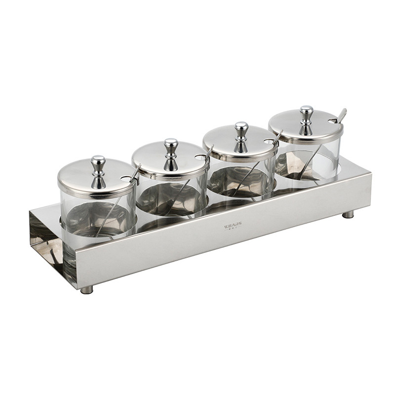 Bộ đựng gia vị 4 ngăn khay inox hũ đựng thủy tinh OEM JXD01
