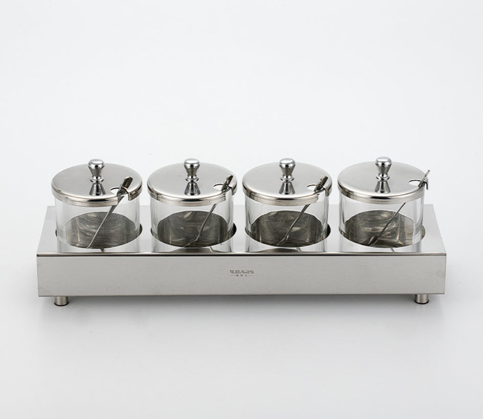 Bộ đựng gia vị 4 ngăn khay inox hũ đựng thủy tinh OEM JXD01