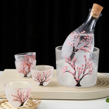 Bộ bình ly uống Sake thủy tinh in hoa vân sóng SJW022