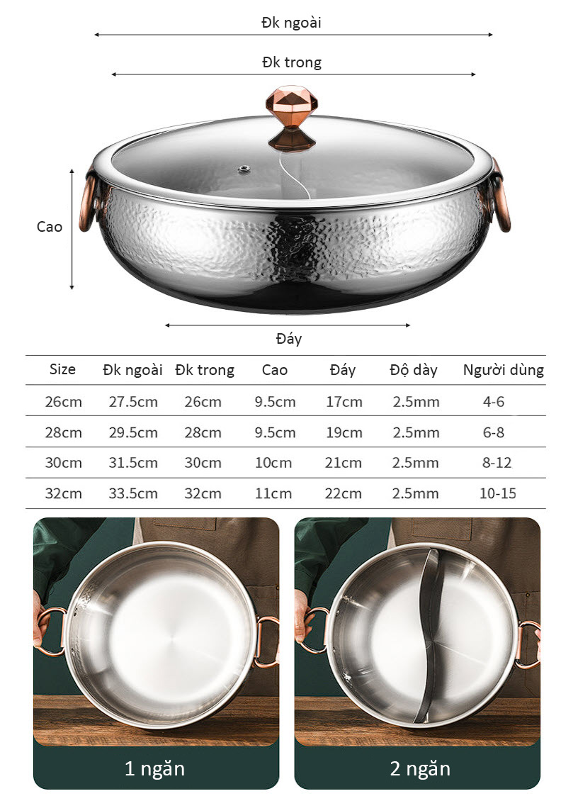 Nồi lẩu đẹp cao cấp 3 lớp inox 304 EBoss YBS1015